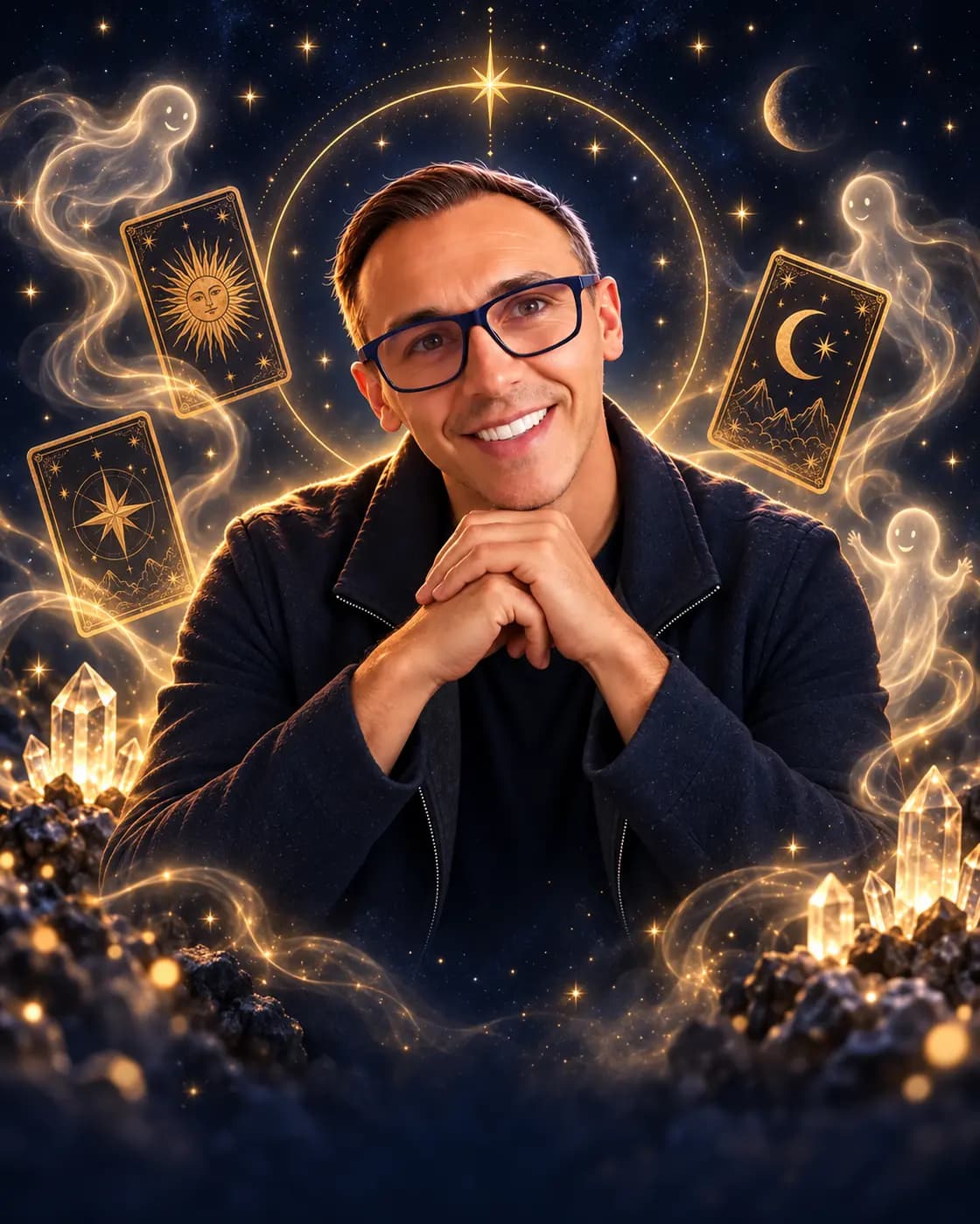 John Spratt with tarot cards, crystals and friendly spirits